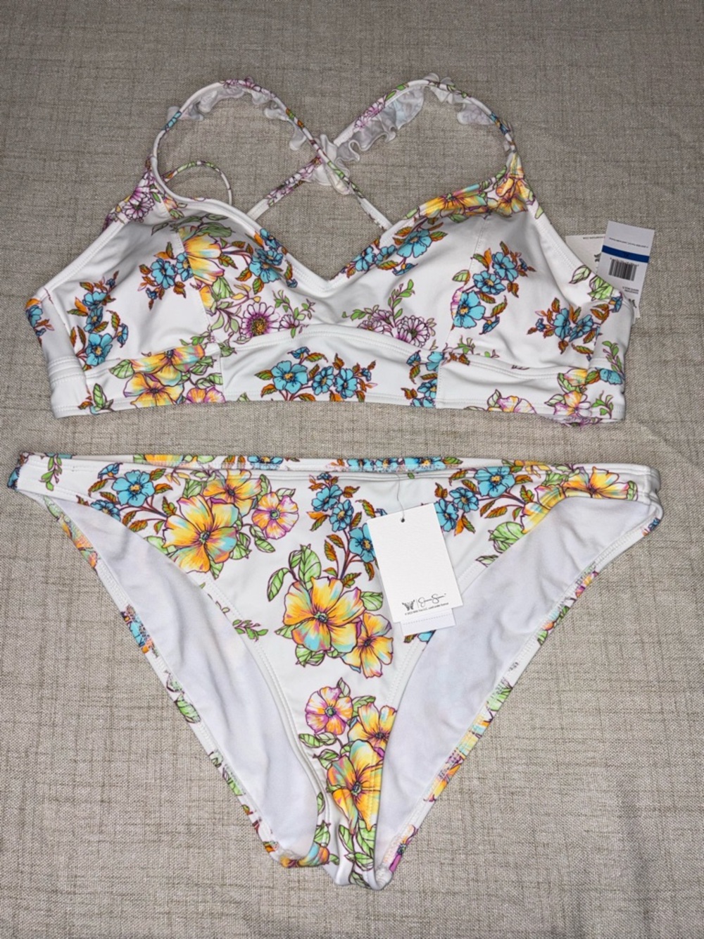 Jessica Simpson White Bikini Set with Blue and Yellow Floral Trim